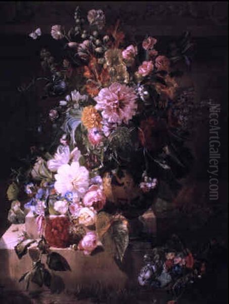 Still Life With Flowers In A Greek Vase On A Stone Plinth Oil Painting by Georgius Jacobus Johannes van Os