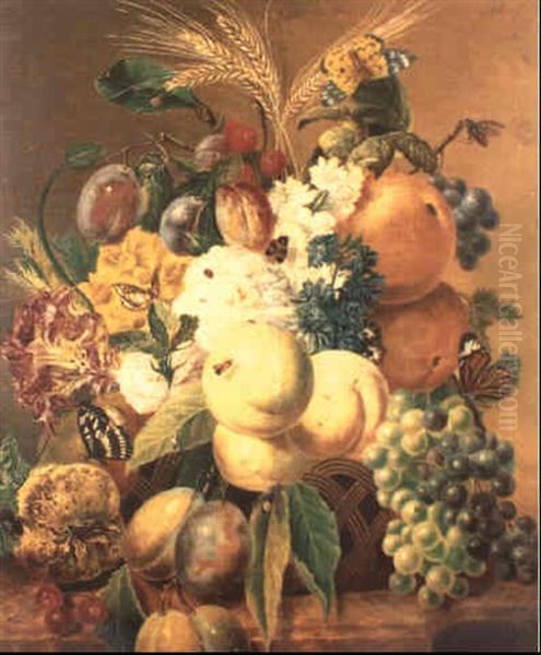 Still Life Of Fruit And Flowers In Wicker Basket On Ledge Oil Painting by Georgius Jacobus Johannes van Os