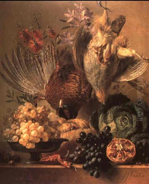 Dead Pheasant, Partridge, Grapes, Cabbage, Fruit And Flowers On A Ledge Oil Painting by Georgius Jacobus Johannes van Os