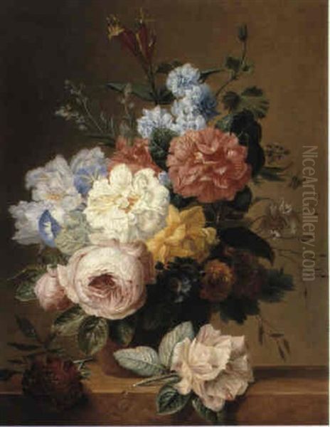 A Still Life With Flowers On A Ledge Oil Painting by Georgius Jacobus Johannes van Os