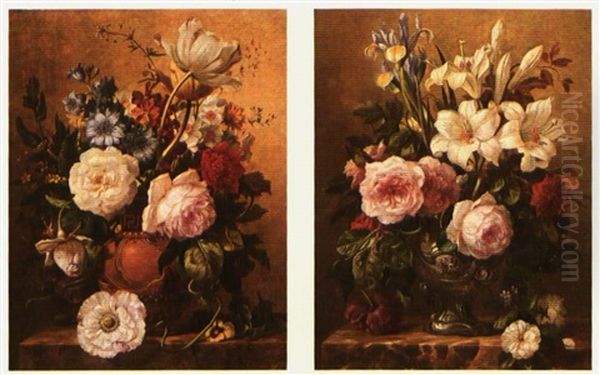 Still Life Of Summer Flowers; A Pair Of Paintings Oil Painting by Georgius Jacobus Johannes van Os