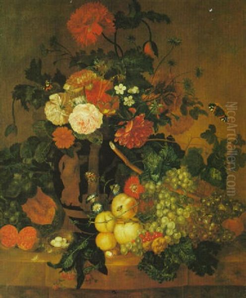 Flowers In A Red Figure Vase With A Pomegranate, A Melon, A Bird's Nest, Raspberries, Peaches, Plums, Gooseberries Oil Painting by Georgius Jacobus Johannes van Os