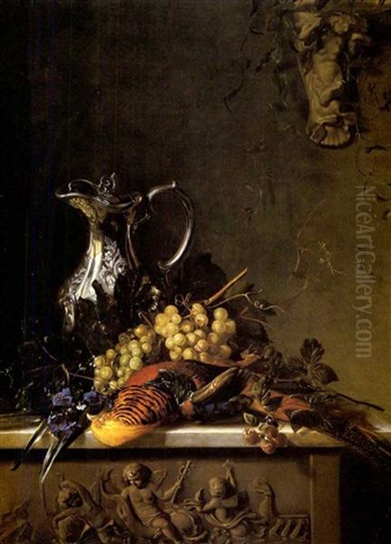 A Still Life With A Silver Ewer, Flowers And A Pheasant On A Marble Ledge Oil Painting by Georgius Jacobus Johannes van Os