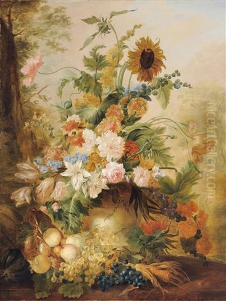 A Still Life Of Assorted Summer Flowers And Fruit Before A Landscape Oil Painting by Georgius Jacobus Johannes van (the Younger) Os