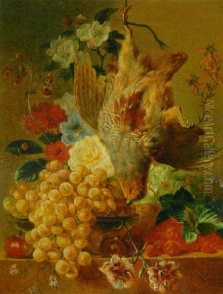 A Still Life With Grapes, Flowers And A Bird Oil Painting by Georgius Jacobus Johannes van (the Younger) Os