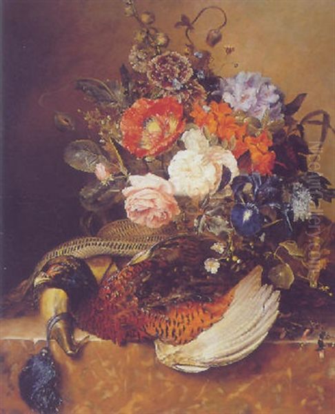 A Still Life Of Flowers And A Pheasant Oil Painting by Georgius Jacobus Johannes van (the Younger) Os