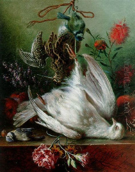 A Still Life With Birds, Carnations, Lilacs, Apples And A Pomegranate Oil Painting by Georgius Jacobus Johannes van (the Younger) Os