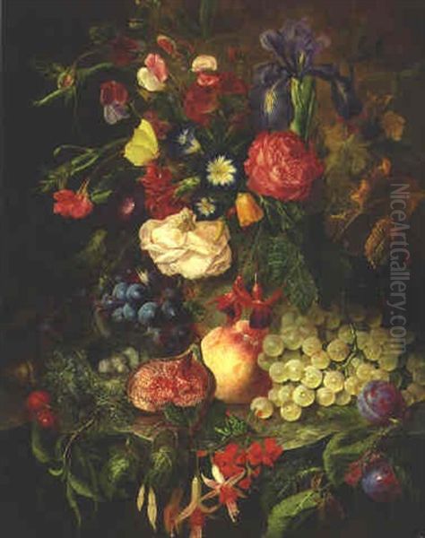 Flowers In A Vasewith A Bird's Nest, Grapes, A Peach And Other Fruit Oil Painting by Georgius Jacobus Johannes van (the Younger) Os