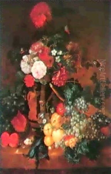 Nature Morte Med Valmuer I Graesk Vase Staende Pa Sten-     Karm Med Frugter Og Fuglerede Oil Painting by Georgius Jacobus Johannes van (the Younger) Os