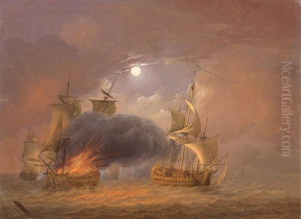 A Naval Battle In Moonlight Oil Painting by Jan van Os