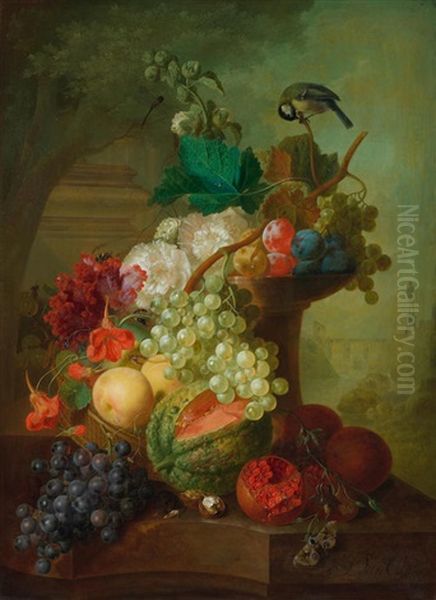 Grapes, Peaches, Pomegranates, A Melon And Other Fruit On A Stone Ledge With Flowers Oil Painting by Jan van Os