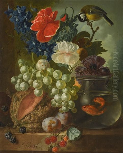 Still Life With Grapes, Melon, Plums, A White Mouse, Blue Tit And Two Goldfish In A Glass Bowl Oil Painting by Jan van Os