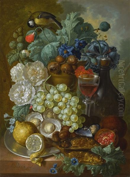 Still Life With Fruit And Flowers, Together With Oysters, Mussels, Smoked Herring, A Glass Of Wine And A Decanter Oil Painting by Jan van Os