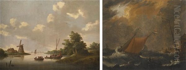 A River Landscape With Figures In Boats, A Windmill Beyond Oil Painting by Jan van Os