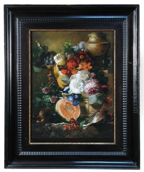 Still Life Of Grapes, A Peeled Lemon, Lilies And A Cut Melon In A Wicker Basket With A Bird Upon A Stone Ledge Surmounted By An Urn<br/>oil On Panel, In A Dutch Ripple Frame Oil Painting by Jan van Os