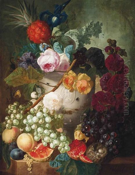 Peonies, Roses, An Iris And Other Flowers In A Vase With Putti, With A Bird's Nest And Peaches, A Pineapple, A Pomegranate, Grapes And Other Fruit On A Stone Ledge Oil Painting by Jan van Os