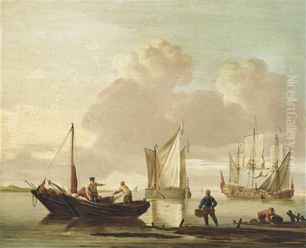 Shipping In Calm Waters With Fishermen Unloading Their Catch Oil Painting by Jan van Os