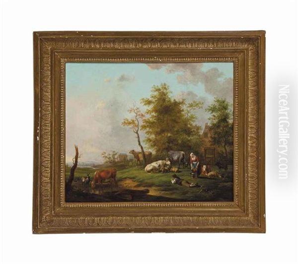 A Landscape With A Shepherd Resting And A Milkmaid Tending To Farm Animals Oil Painting by Jan van Os