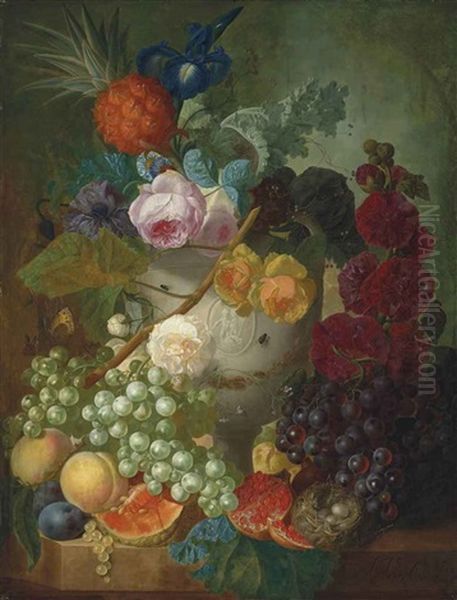 Peonies, Roses An Iris And Other Flowers In A Vase With Putti, With A Bird's Nest And Peaches, A Pineapple, A Pomegranate, Grapes And Other Fruit On A Stone Ledge Oil Painting by Jan van Os