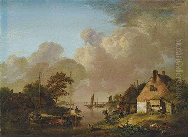 Hollandische Landschaft Mit Bauernhausern Am Wasser Oil Painting by Jan van Os