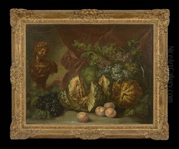 Still Life With Melons, Grapes, Peaches And A Classical Bust Oil Painting by Jan van Os