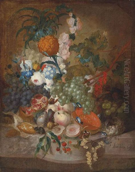 Roses, Morning Glory, An Iris And Other Flowers, With Grapes, Peaches, Pears, A Pineapple And Other Fruit, And A Mouse, Butterflies, Snails Oil Painting by Jan van Os