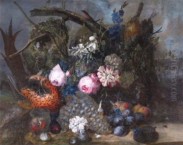 Still Life Flowers Fruit And Game In A Woodland Setting Oil Painting by Jan van Os