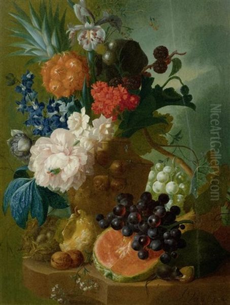 Eine Pfingstrose, Eine Iris, Eine Ananas Und Brombeeren In Einer Terracotta Vase Mit Einem Vogelnest, Einer Maus, Trauben Und Walnussen Auf Einer Steinplatte Oil Painting by Jan van Os