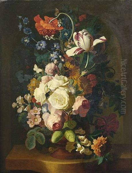 Blumenbouquet Mit Rosen, Nelken, Tulpen, Und Anderen Blumen In Einer Steinvase Auf Steinpodest Oil Painting by Jan van Os