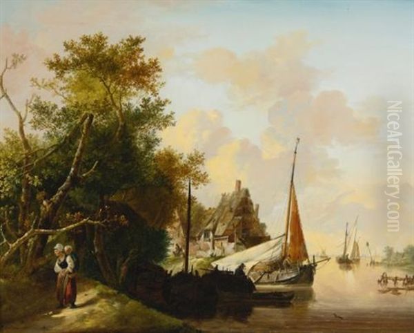 Peasants Unloading Cargo And Mother And Child By A River (pair) Oil Painting by Jan van Os