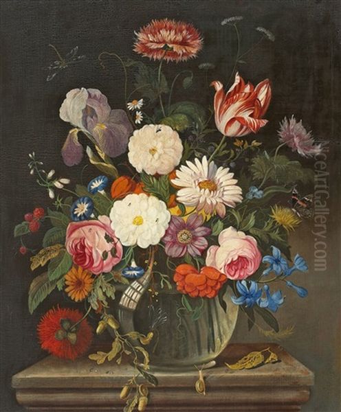 Blumenstillleben Mit Glasvase Auf Einem Steinpostament Oil Painting by Jan van Os