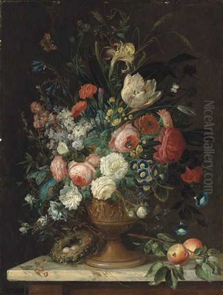 Roses, Tulips, Carnations, Morning Glories, Irises And Other Flowers In A Relief Vase, A Bird's Nest With Eggs And Peaches On A Marble Topped Table, With A Peacock Butterfly, A Brimstone, A Bumble-bee And Other Insects Oil Painting by Jan van Os