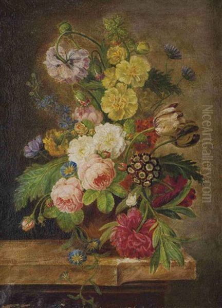 Vase Avec Pivoines, Roses Et Tulipes, Liserons Et Autres Fleurs Sur Un Entablement En Marbre Oil Painting by Jan van Os