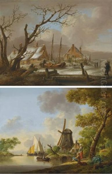 A Winter Landscape (+ A Summer Landscape; Pair) Oil Painting by Jan van Os