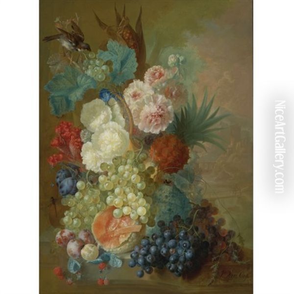 Still Life Of Peonies, A Cock's Comb And Morning Glories With A Pineapple, Ear Of Corn, Melons, Grapes, Plums And Raspberries All Resting On A Stone Ledge With A Finch, A Dragonfly And Other Insects, A Rocky Landscape With A Waterfall, Tower And Bridge Be Oil Painting by Jan van Os