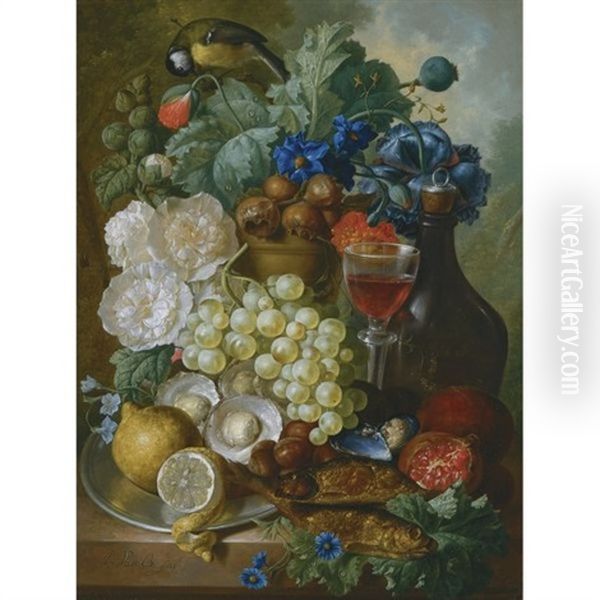 Still Life With Fruit And Flowers, Together With Oysters, Mussels, A Glass Of Wine, A Decanter And Other Objects On A Stone Ledge, A Landscape Beyond Oil Painting by Jan van Os