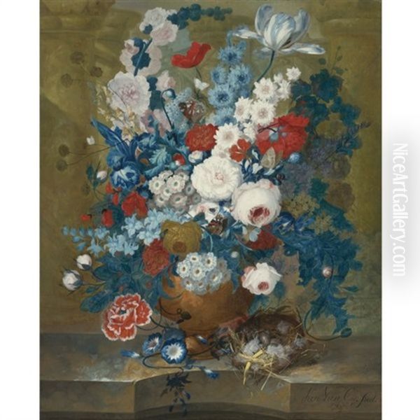 Flower Still Life With A Birds Nest On A Ledge Oil Painting by Jan van Os