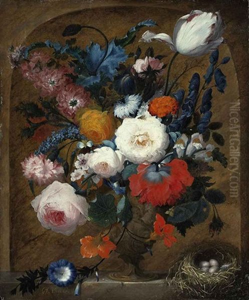 Roses, Peonies, Larkspur And Morning Glory In An Ornamental Urn With A Nest Of Four Eggs, On A Stone Ledge Oil Painting by Jan van Os