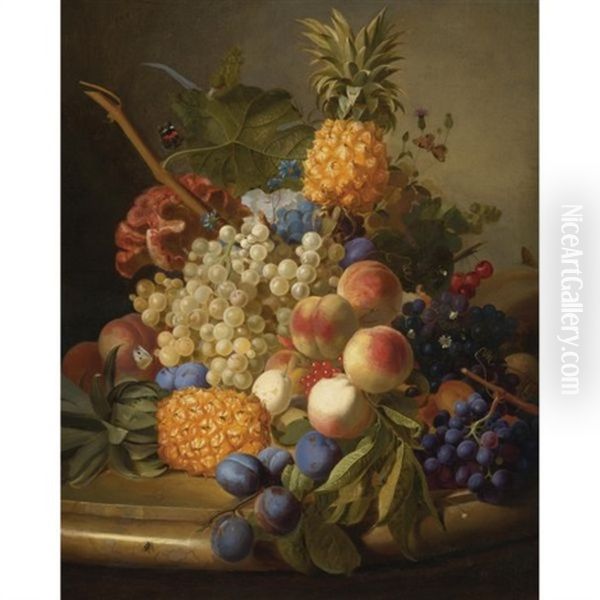 Still Life Of Grapes, Peaches, Plums, And Pineapples Resting On A Marble Table Oil Painting by Jan van Os