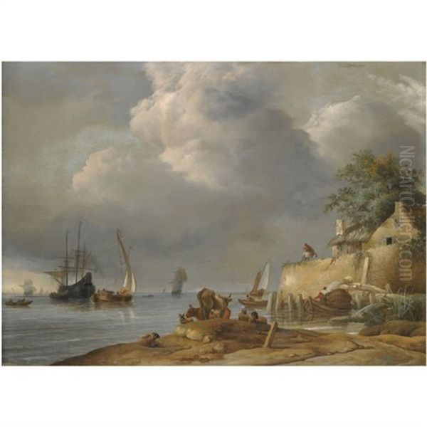 A Coastal Shipping Scene With Cattle And Sheep In The Foreground And A Man On Horseback Outside An Inn Oil Painting by Jan van Os