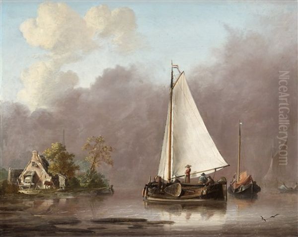 Hollandskt Flodlandskap Med Figurer Och Batar Oil Painting by Jan van Os