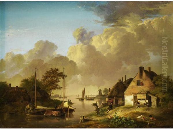 Niederlandische Flusslandschaft Mit Strohgedeckten Hausern Am Ufer, Moorbarken Und Figurenstaffage Oil Painting by Jan van Os