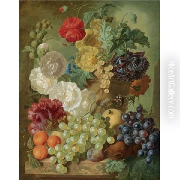 A Still Life With Hollyhocks, Poppies, An Anemone, Other Flowers And White-currants In A Terracotta Vase, With Apricots, White And Black Grapes, Pomegranates And A Plum, All Arranged On A Marble Ledge Oil Painting by Jan van Os