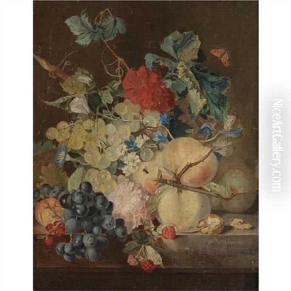 A Still Life With Peaches, Grapes, Raspberries Together With Various Flowers On A Stone Ledge Oil Painting by Jan van Os