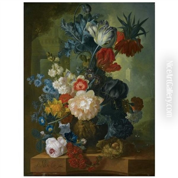 Still Life With A Bouquet Of Flowers In A Sculpted Vase, Including A Parrot Tulip, Morning Glory, A Black Iris, Peonies, Daffodils And A Crown Imperial... Oil Painting by Jan van Os