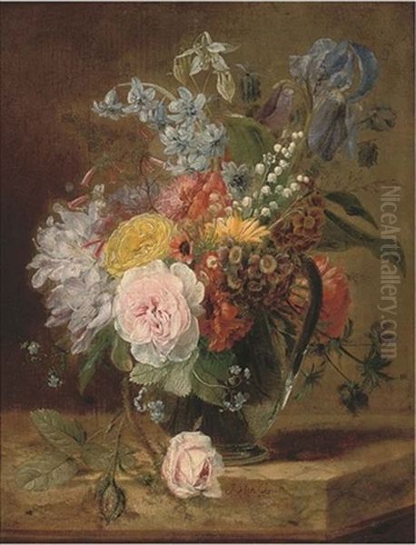 Roses, Iris, Bluebells, Chrysanthemums And Other Flowers In Glass Vase On A Stone Ledge Oil Painting by Jan van Os