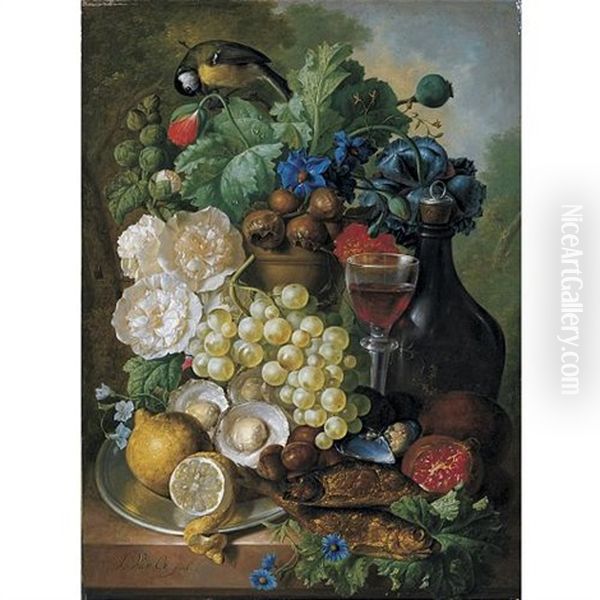 Still Life With Fruit And Flowers, Together With Oysters, Mussels, A Glass Of Wine And A Decanter Oil Painting by Jan van Os