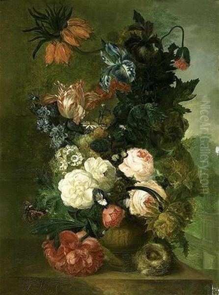 Vase De Fleurs Et Nid D'oiseaux Sur Un Entablement Oil Painting by Jan van Os