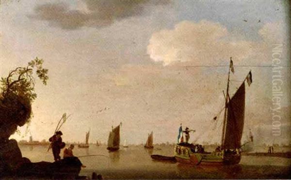 A River Landscape With A Trumpeter On The Deck Of A Statenjacht And A Fisherman And Woman On The Riverbank Oil Painting by Jan van Os