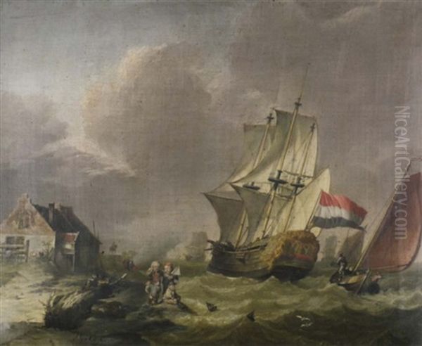 Fregatte Mit Hollandischer Nationalflagge Und Weitere Schiffe Auf Bewegter See Oil Painting by Jan van Os